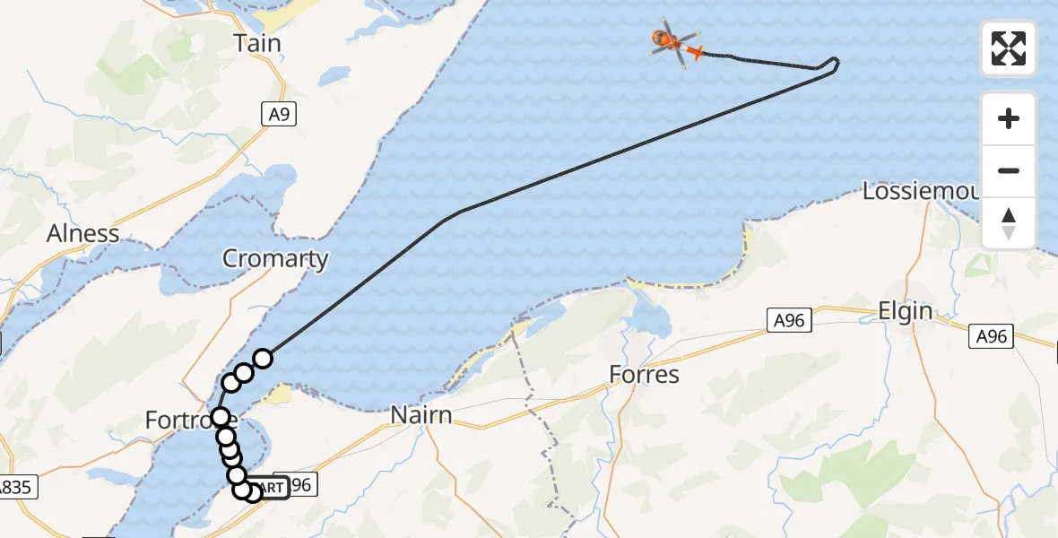 Flight path map showing Coastguard Helicopter route from Inverness Airport to North Sea