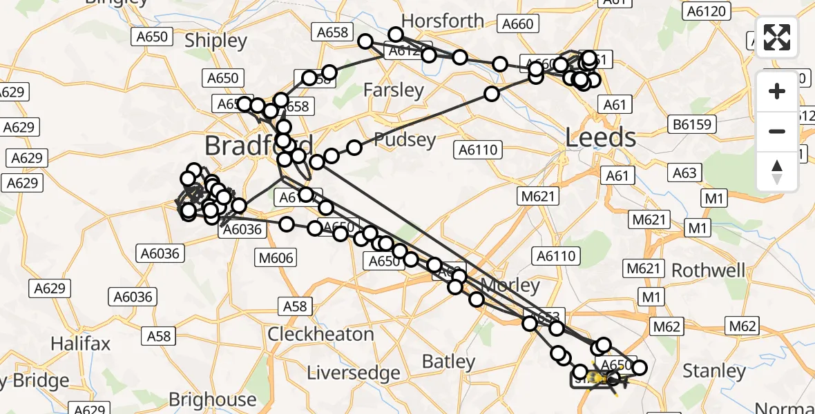Flight path map showing Police Helicopter route from East Ardsley to Wrenthorpe