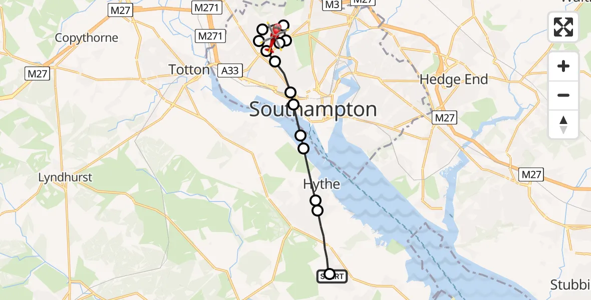 Flight path map showing Air Ambulance Helicopter route from Little Holbury to University Hospital Southampton