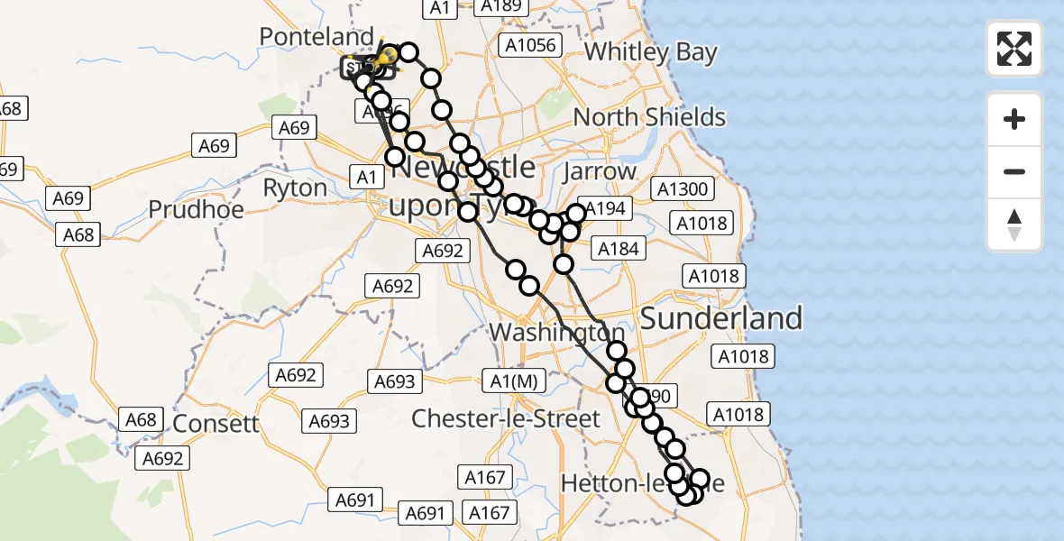 Flight path map showing Police Helicopter route from Newcastle International Airport to Newcastle International Airport