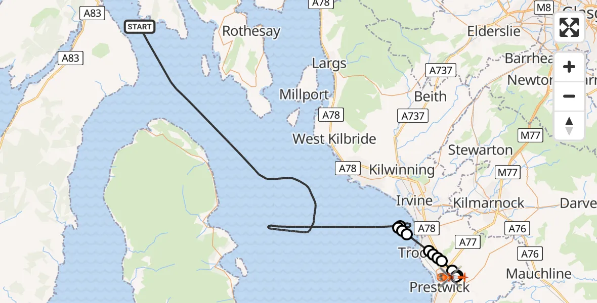 Flight path map showing Coastguard Helicopter route from Inner Seas to Glasgow Prestwick Airport