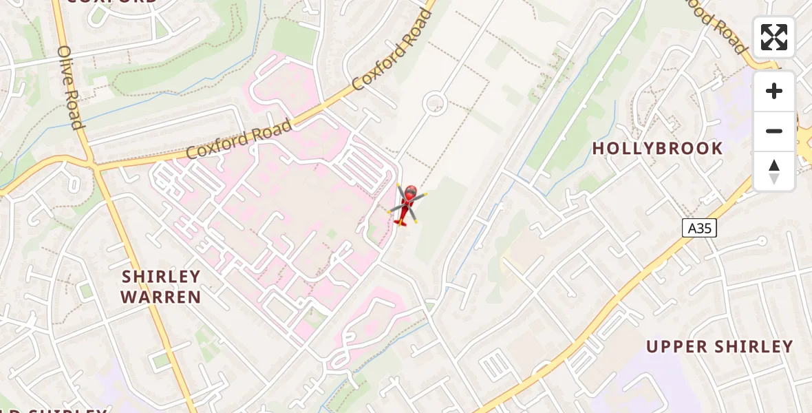 Flight path map showing Air Ambulance Helicopter route from University Hospital Southampton to University Hospital Southampton