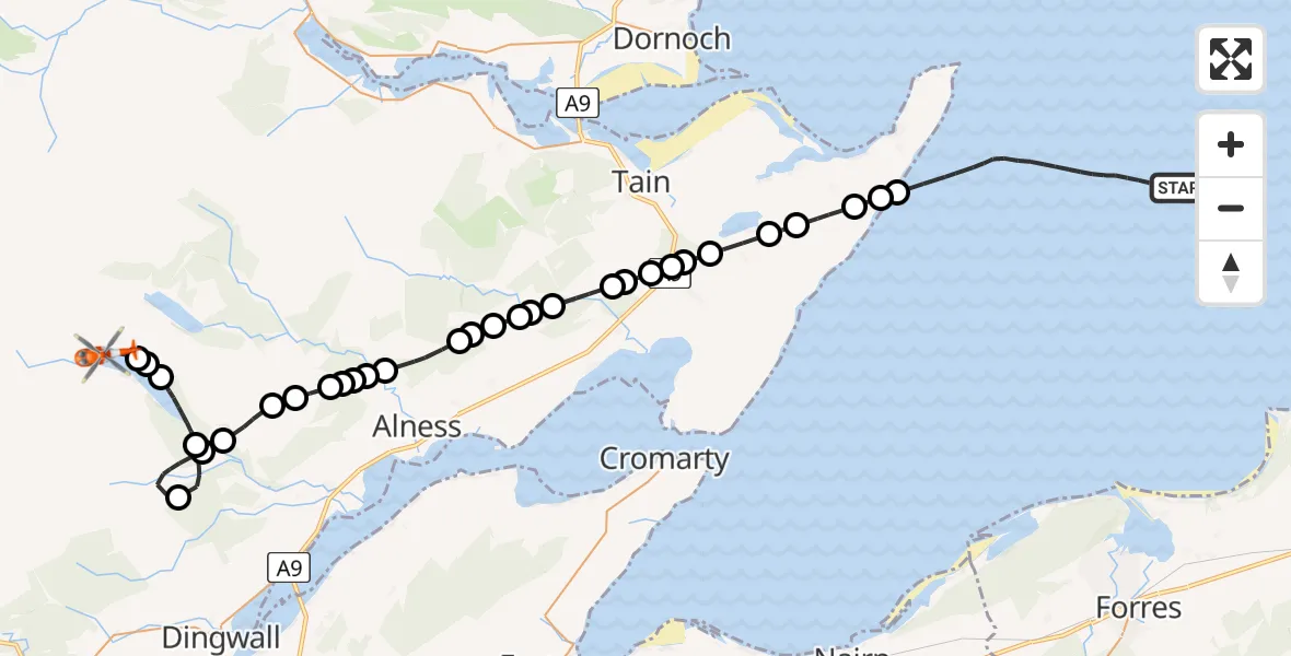 Flight path map showing Coastguard Helicopter route from North Sea to Loch Glass
