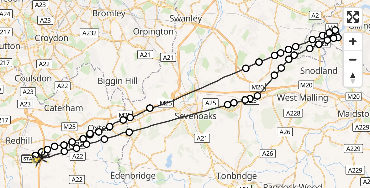 Flight path map showing Police Helicopter route from Redhill Aerodrome to South Nutfield