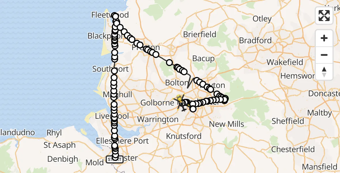 Flight path map showing Police Helicopter route from Hawarden Airport to Manchester Barton Aerodrome