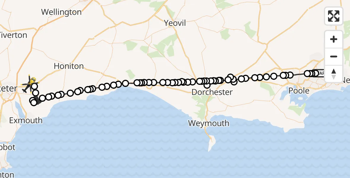 Flight path map showing Police Helicopter route from Parley Cross to Rockbeare