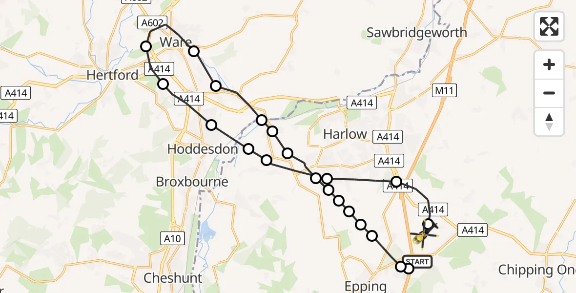 Flight path map showing Police Helicopter route from North Weald Airfield to North Weald Airfield