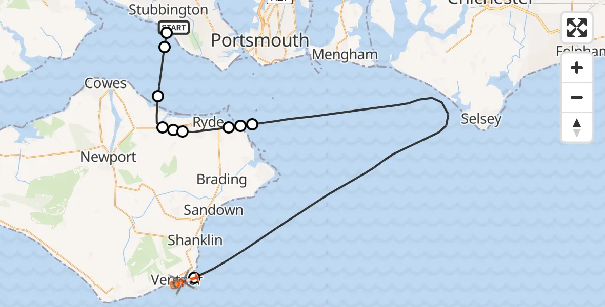 Flight path map showing Coastguard Helicopter route from Solent Airport to Ventnor