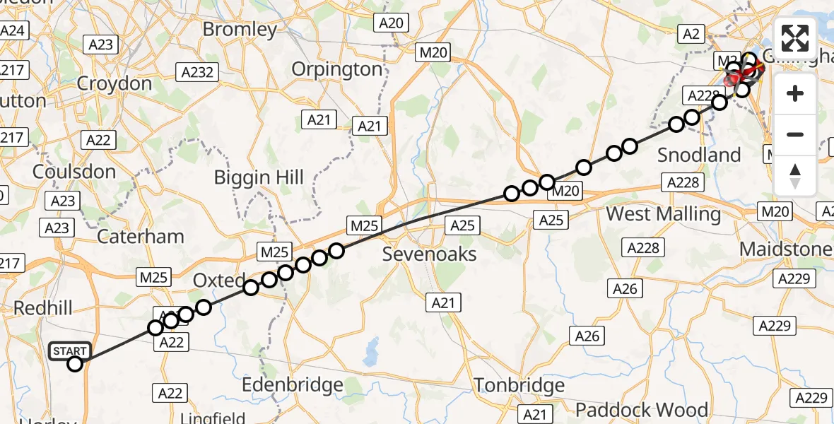 Flight path map showing Air Ambulance Helicopter route from Redhill Aerodrome to Strood