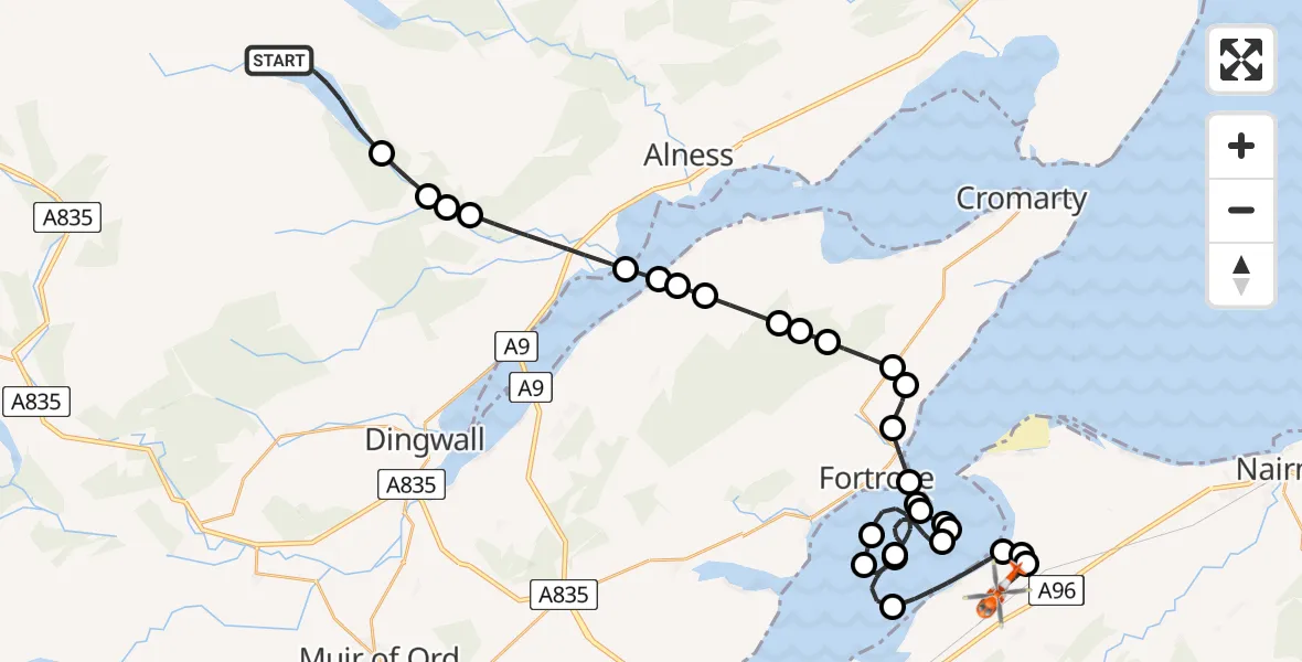 Flight path map showing Coastguard Helicopter route from Loch Glass to Inverness Airport