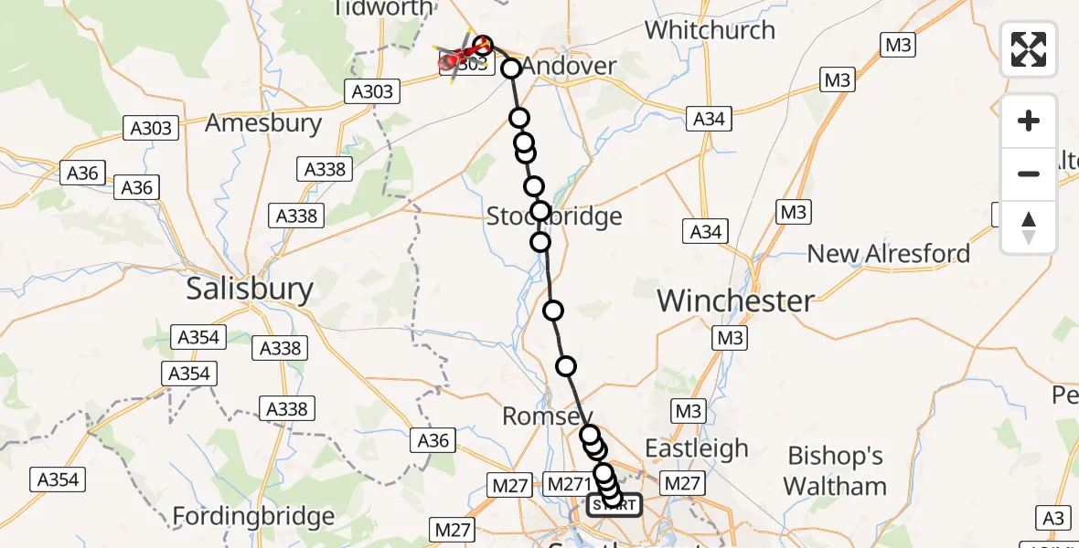 Flight path map showing Air Ambulance Helicopter route from University Hospital Southampton to Fyfield