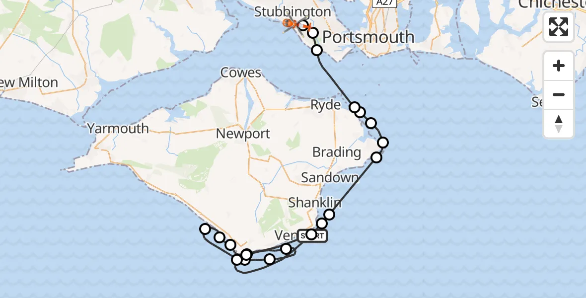 Flight path map showing Coastguard Helicopter route from Ventnor to Solent Airport