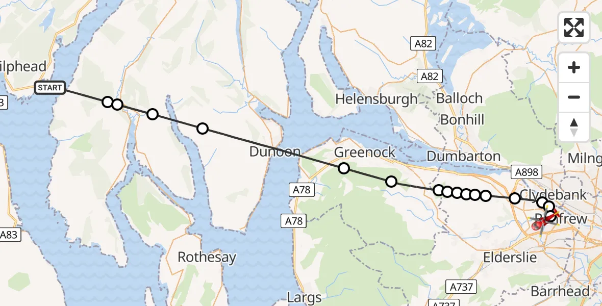 Flight path map showing Air Ambulance Helicopter route from Inner Seas to Inchinnan