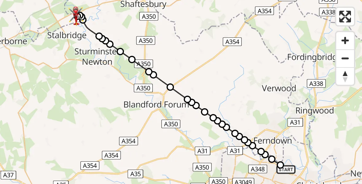 Flight path map showing Air Ambulance Helicopter route from Bournemouth to Henstridge Airfield