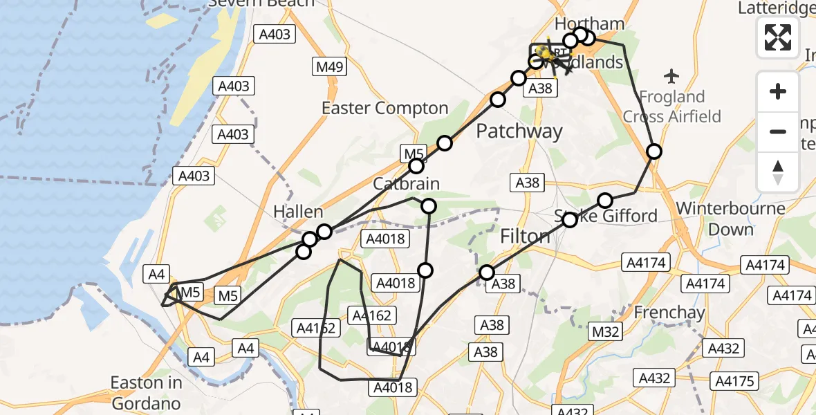 Flight path map showing Police Helicopter route from Almondsbury Helicopter Base to Almondsbury Helicopter Base