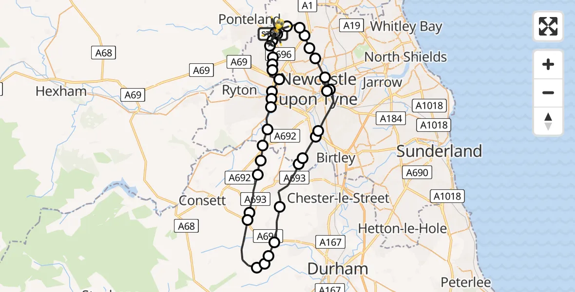 Flight path map showing Police Helicopter route from Newcastle International Airport to Newcastle International Airport