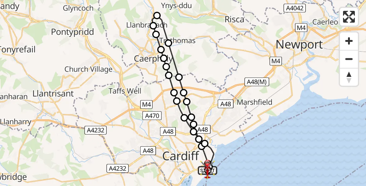 Flight path map showing Air Ambulance Helicopter route from Cardiff Heliport to Cardiff Heliport