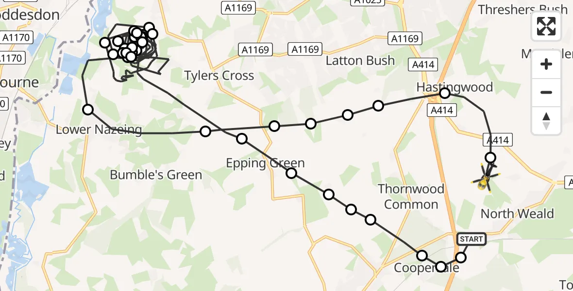 Flight path map showing Police Helicopter route from North Weald Airfield to North Weald Airfield