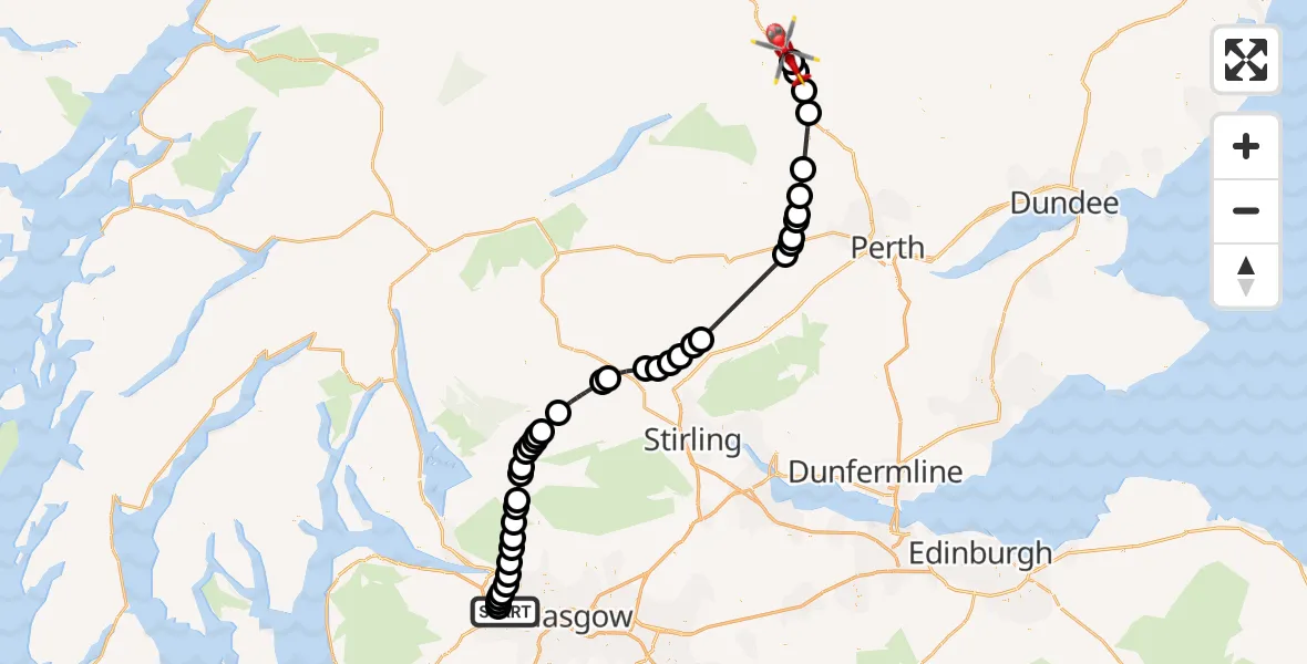 Flight path map showing Air Ambulance Helicopter route from Glasgow Airport to Logierait