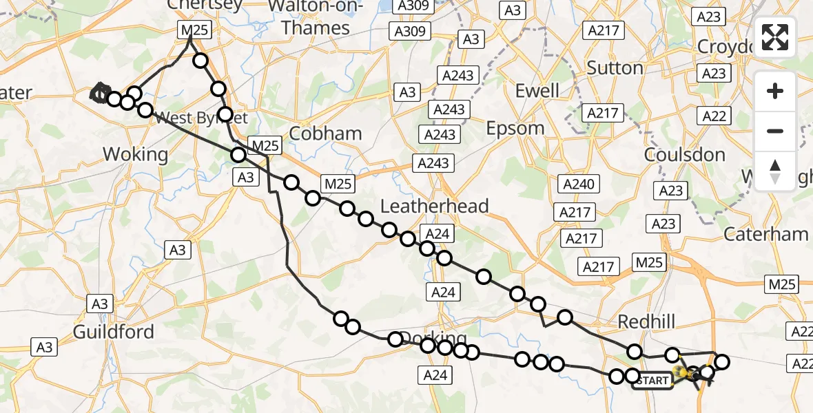 Flight path map showing Police Helicopter route from Salfords to Redhill Aerodrome
