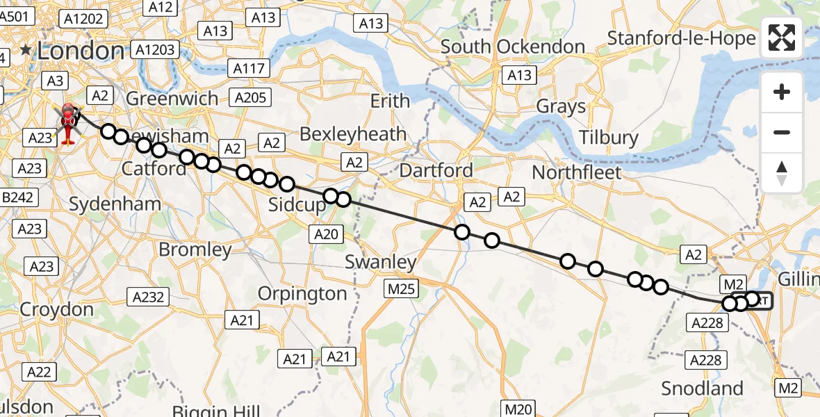 Flight path map showing Air Ambulance Helicopter route from Rochester to Kings College London Hospital