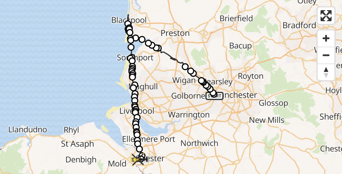 Flight path map showing Police Helicopter route from Irlam to Hawarden Airport