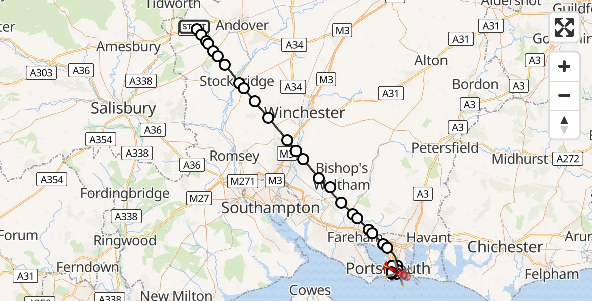 Flight path map showing Air Ambulance Helicopter route from Thruxton Aerodrome to Fratton