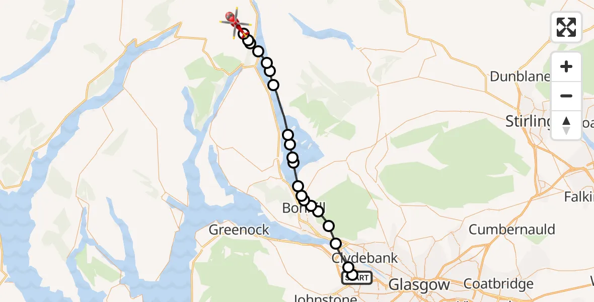 Flight path map showing Air Ambulance Helicopter route from Glasgow Airport to Argyll and Bute