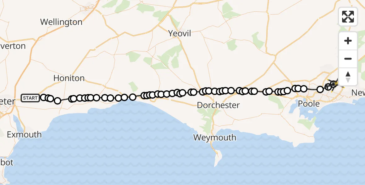 Flight path map showing Police Helicopter route from Rockbeare to Bournemouth Airport