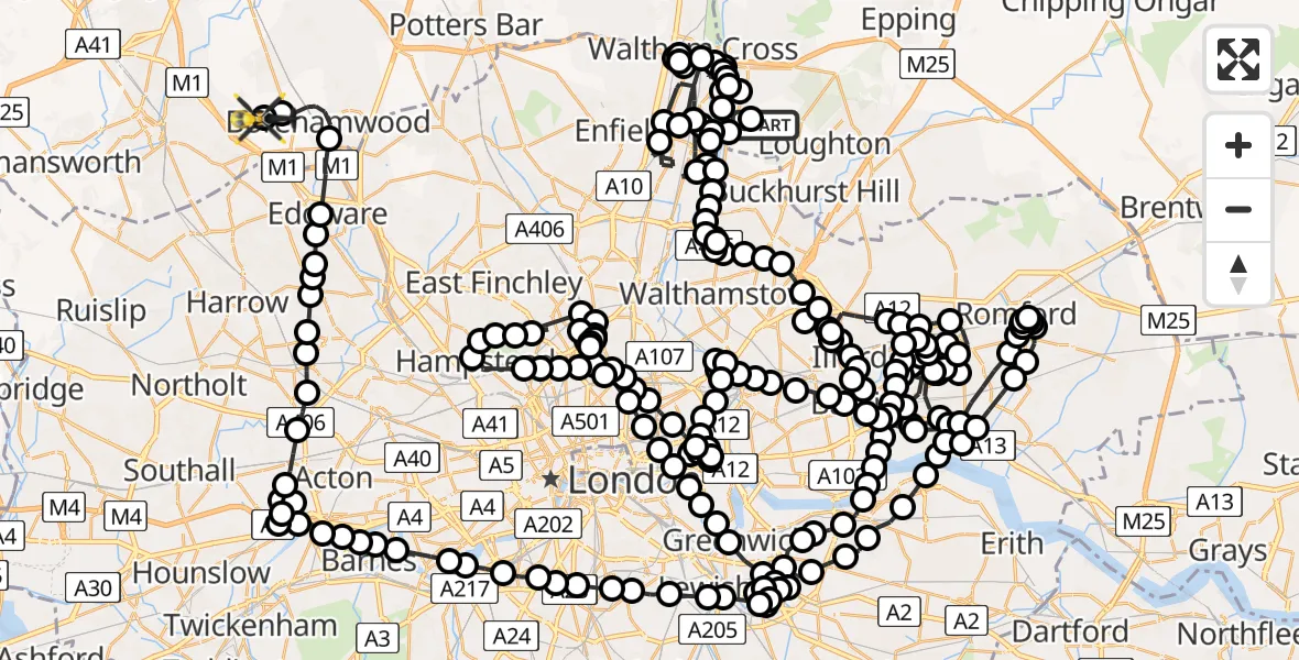 Flight path map showing Police Helicopter route from Metropolitan Police Air Support Unit Lippitts Hill to Elstree Airfield
