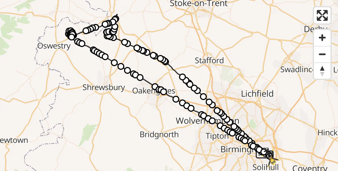 Flight path map showing Police Helicopter route from Garretts Green to Birmingham Airport