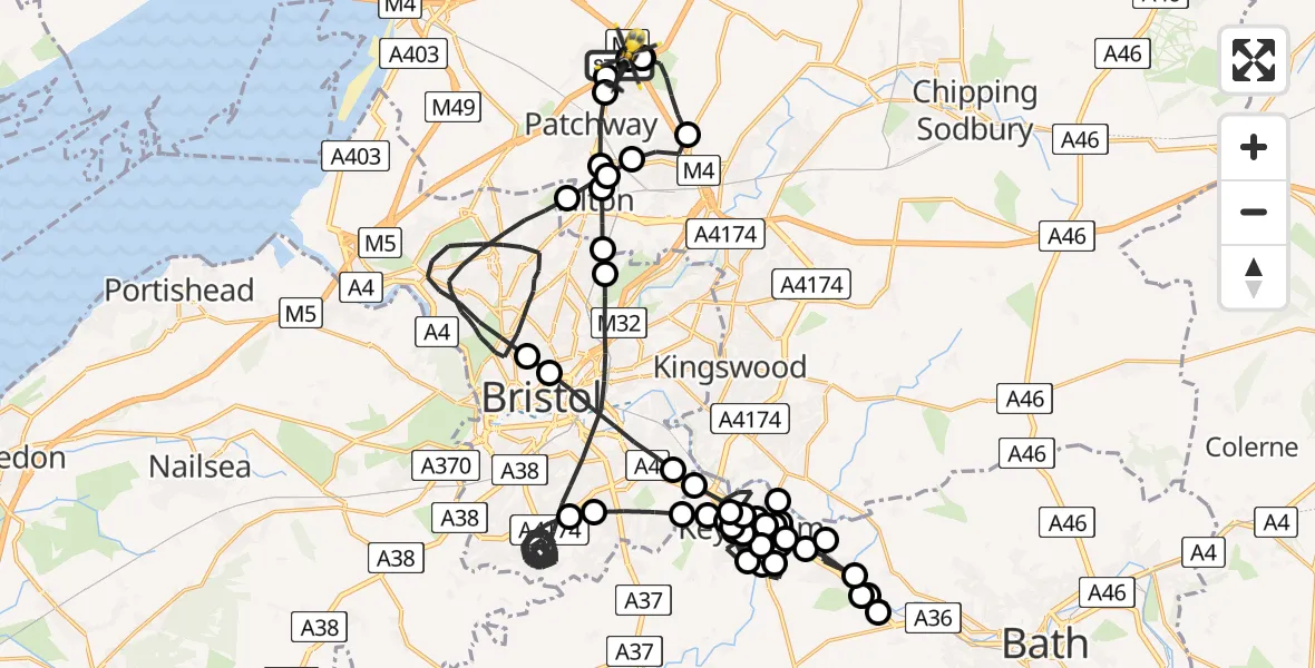 Flight path map showing Police Helicopter route from Almondsbury Helicopter Base to Almondsbury Helicopter Base