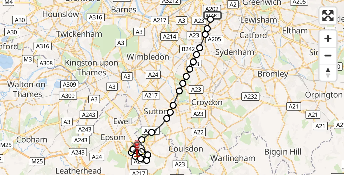 Flight path map showing Air Ambulance Helicopter route from Kings College London Hospital to Tattenham Corner