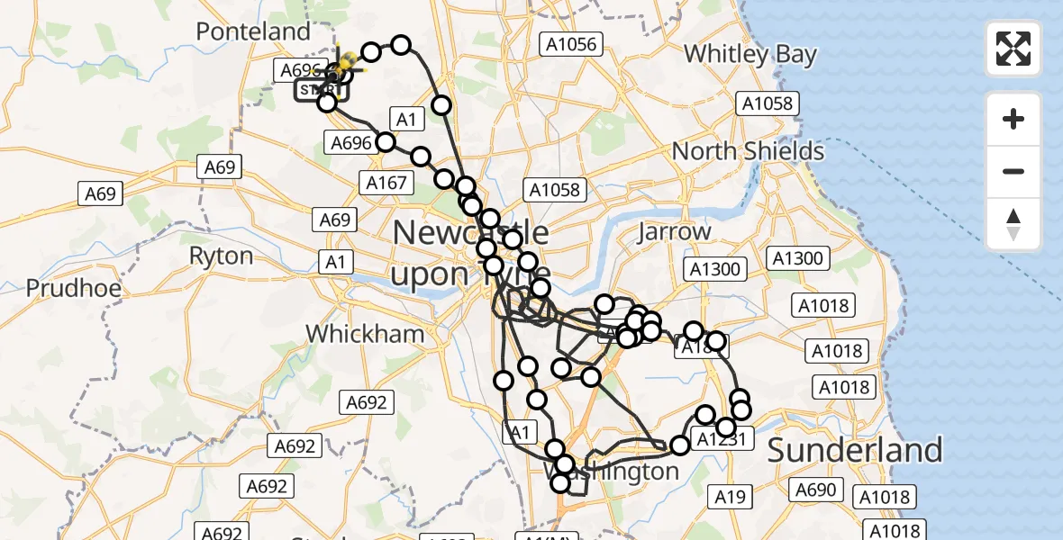 Flight path map showing Police Helicopter route from Newcastle International Airport to Newcastle International Airport