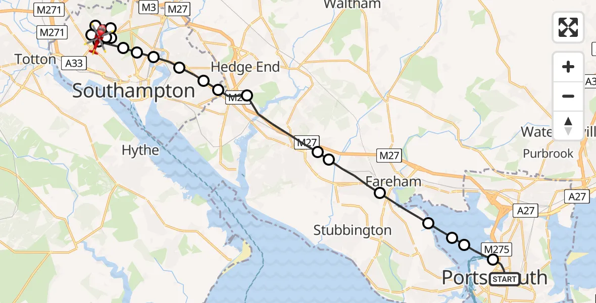 Flight path map showing Air Ambulance Helicopter route from Somers Town to Shirley Warren