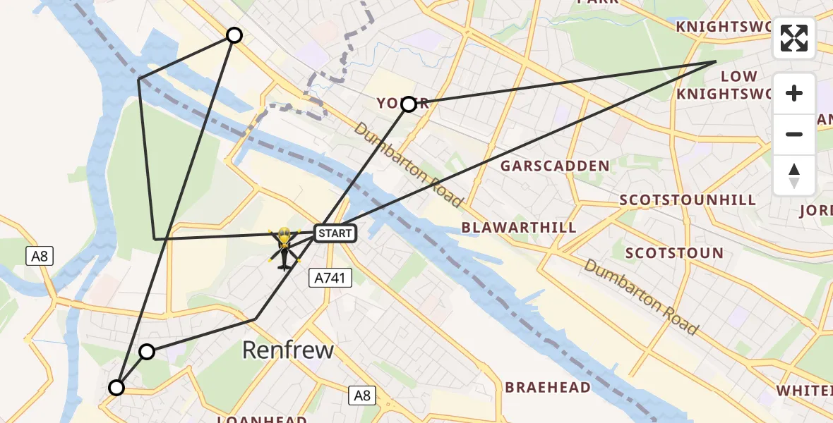 Flight path map showing Police Helicopter route from Renfrew to Renfrew