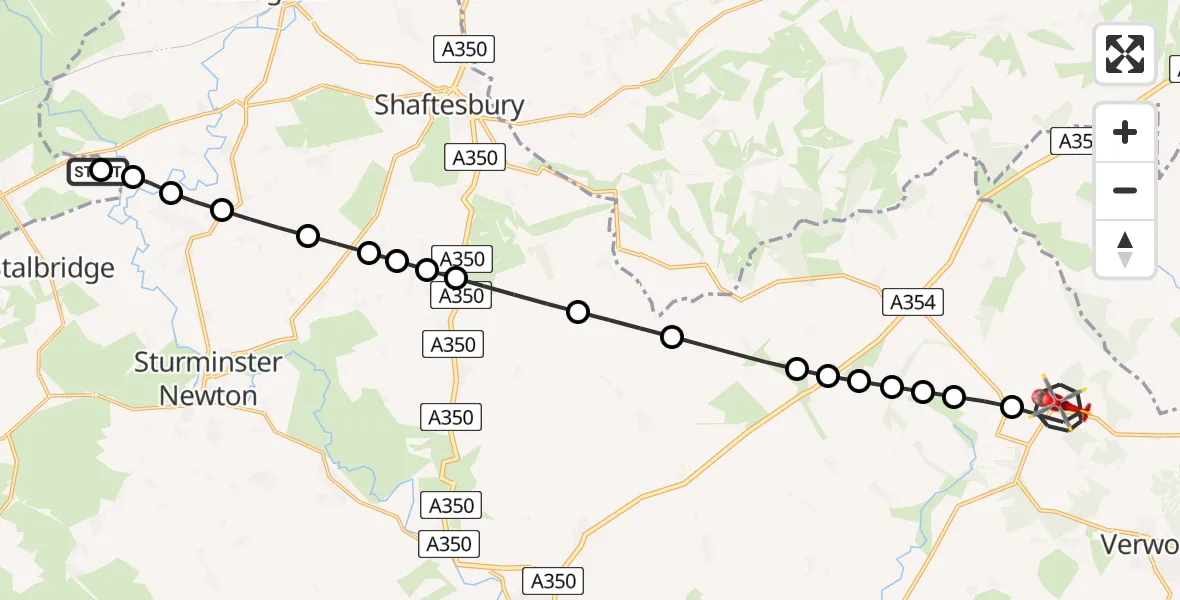 Flight path map showing Air Ambulance Helicopter route from Henstridge Airfield to Cranborne