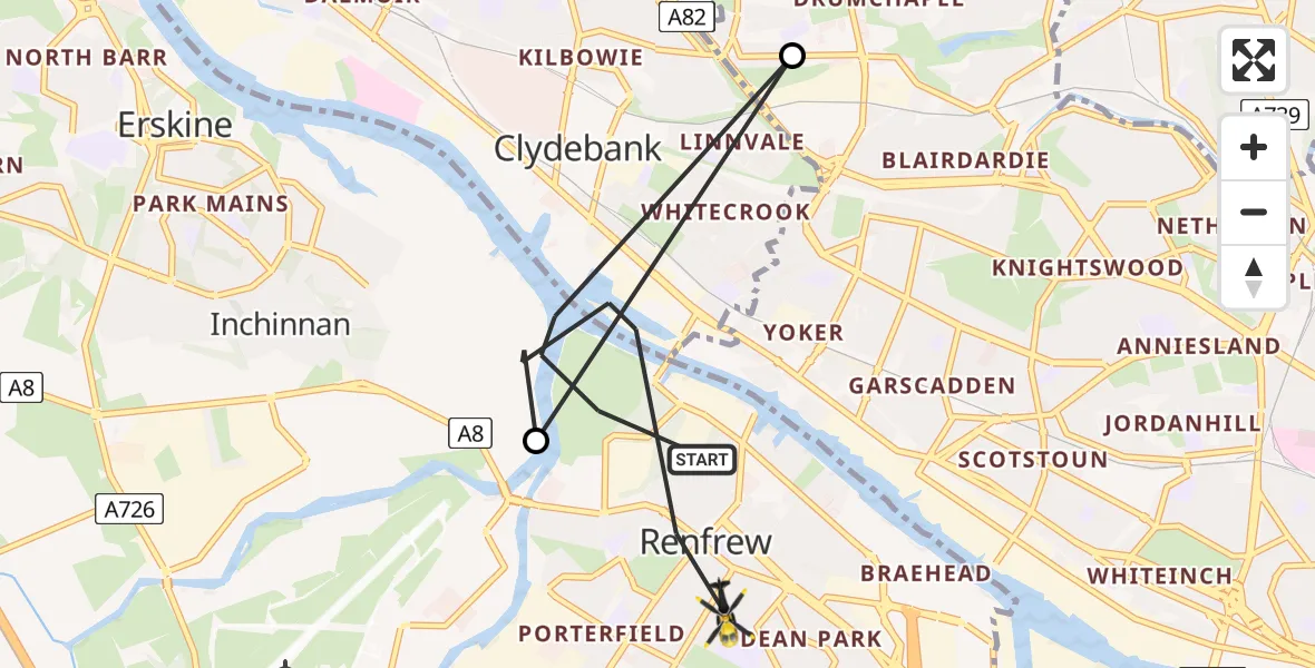 Flight path map showing Police Helicopter route from Renfrew to Renfrew