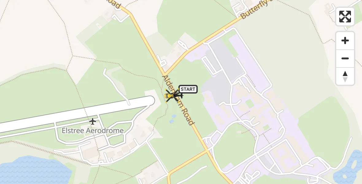 Flight path map showing Police Helicopter route from Elstree Airfield to Elstree Airfield