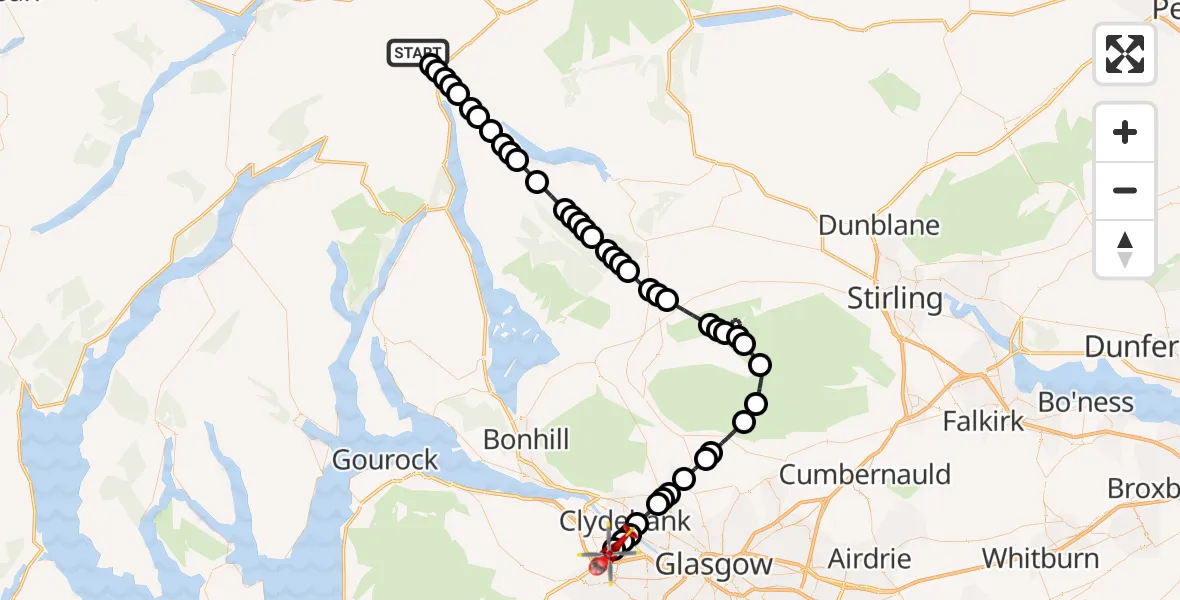 Flight path map showing Air Ambulance Helicopter route from Gleann nan Caorann to Glasgow Airport