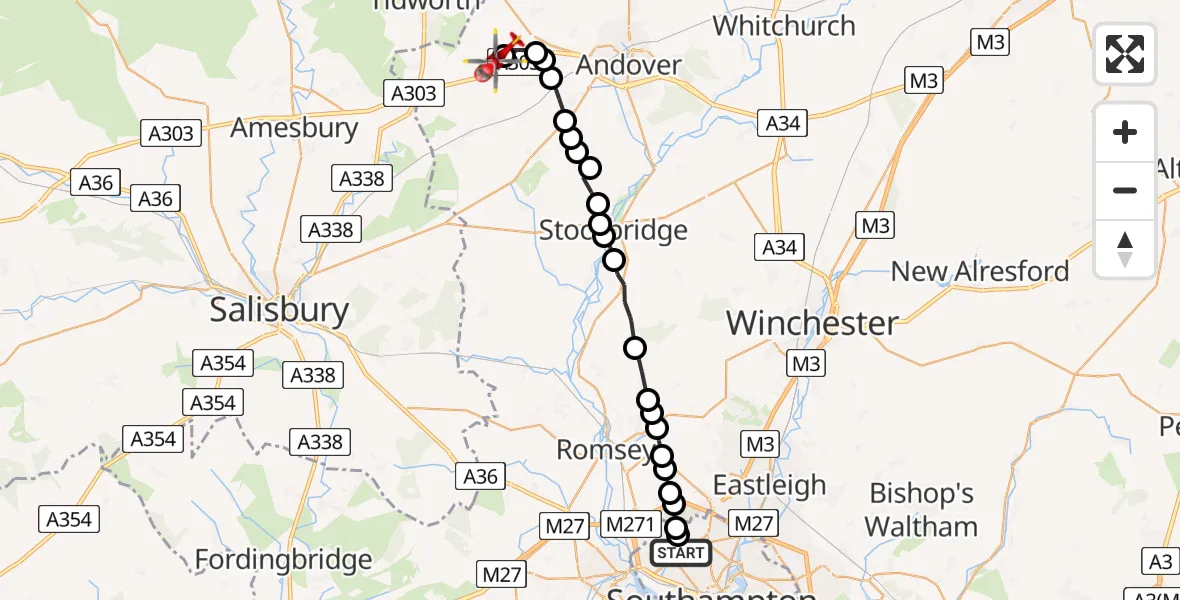 Flight path map showing Air Ambulance Helicopter route from University Hospital Southampton to Thruxton Aerodrome