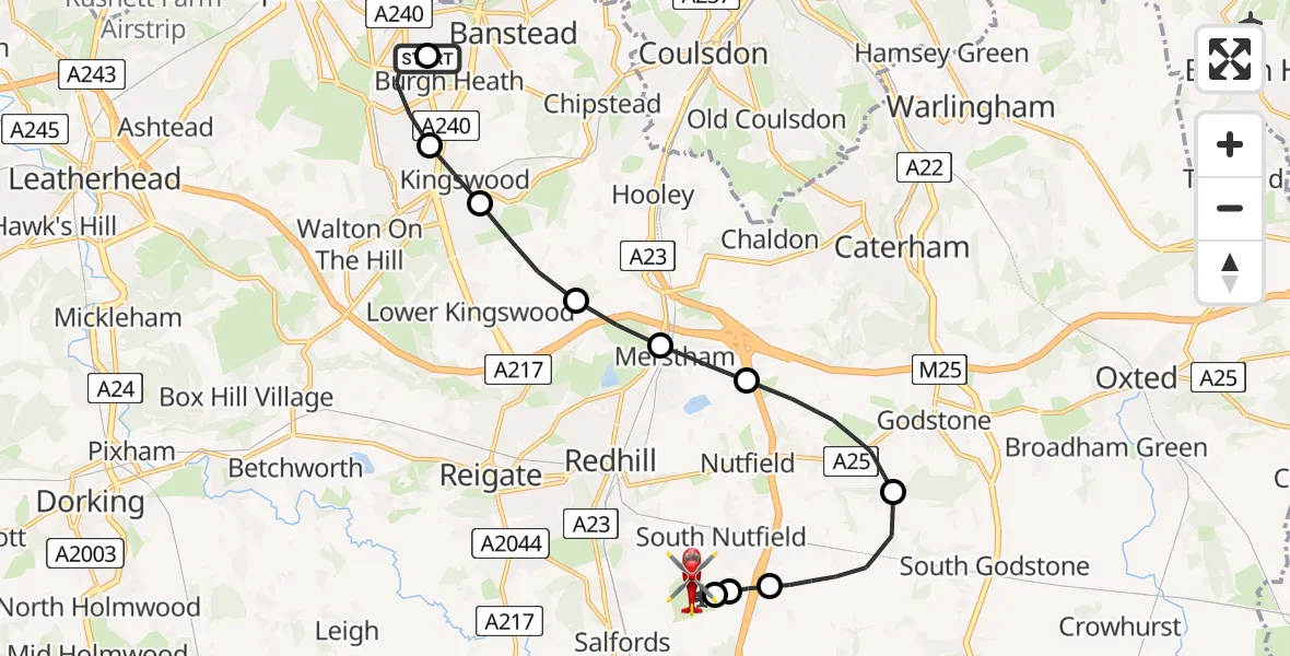 Flight path map showing Air Ambulance Helicopter route from Banstead to Redhill Aerodrome