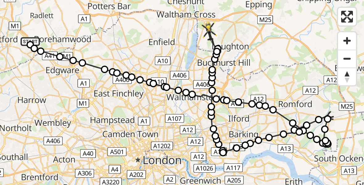 Flight path map showing Police Helicopter route from Elstree Airfield to Epping Forest