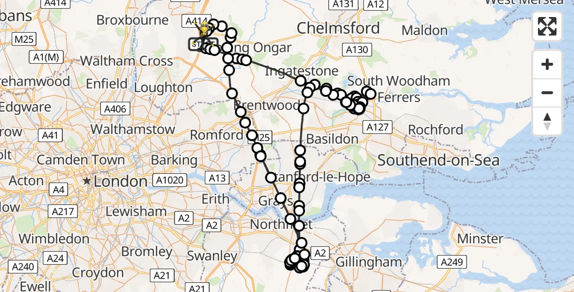 Flight path map showing Police Helicopter route from North Weald Airfield to North Weald Airfield