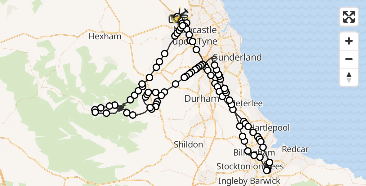 Flight path map showing Police Helicopter route from Newcastle International Airport to Newcastle International Airport