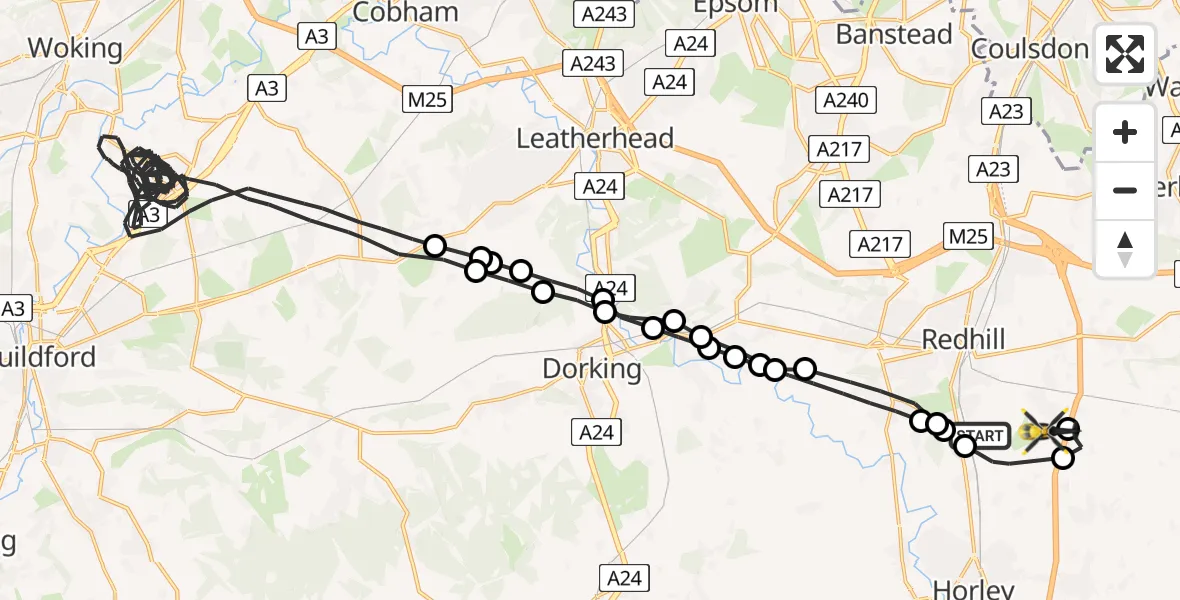 Flight path map showing Police Helicopter route from Salfords to Tandridge