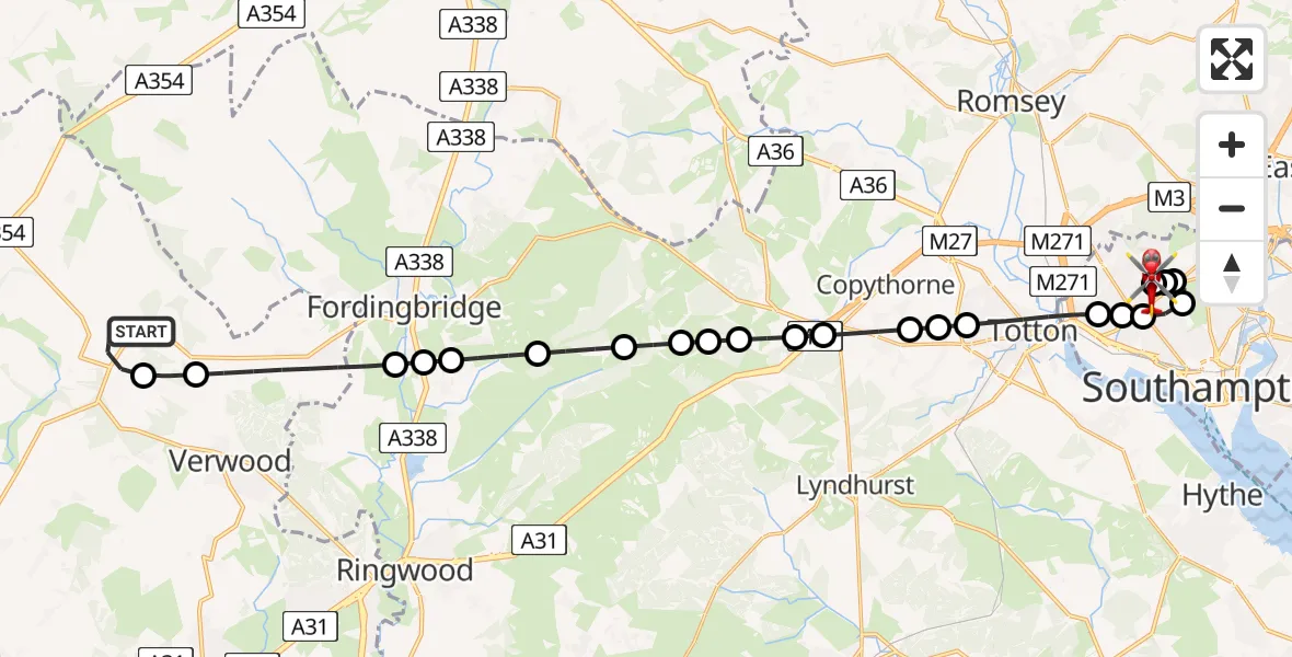 Flight path map showing Air Ambulance Helicopter route from Cranborne to University Hospital Southampton