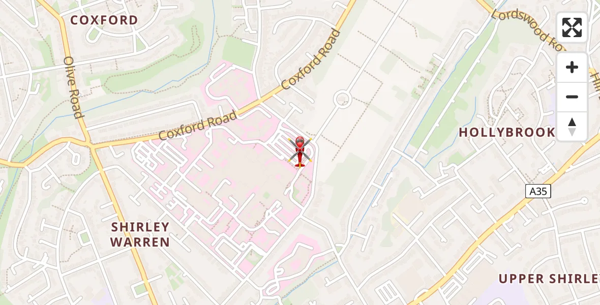 Flight path map showing Air Ambulance Helicopter route from University Hospital Southampton to University Hospital Southampton