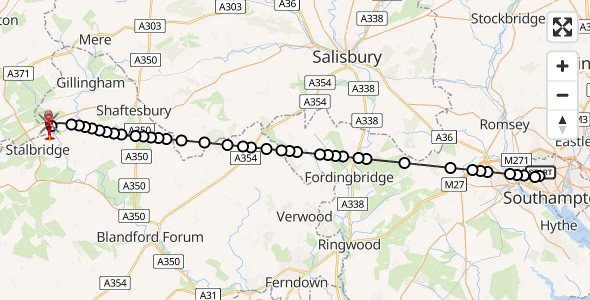 Flight path map showing Air Ambulance Helicopter route from University Hospital Southampton to Henstridge Airfield