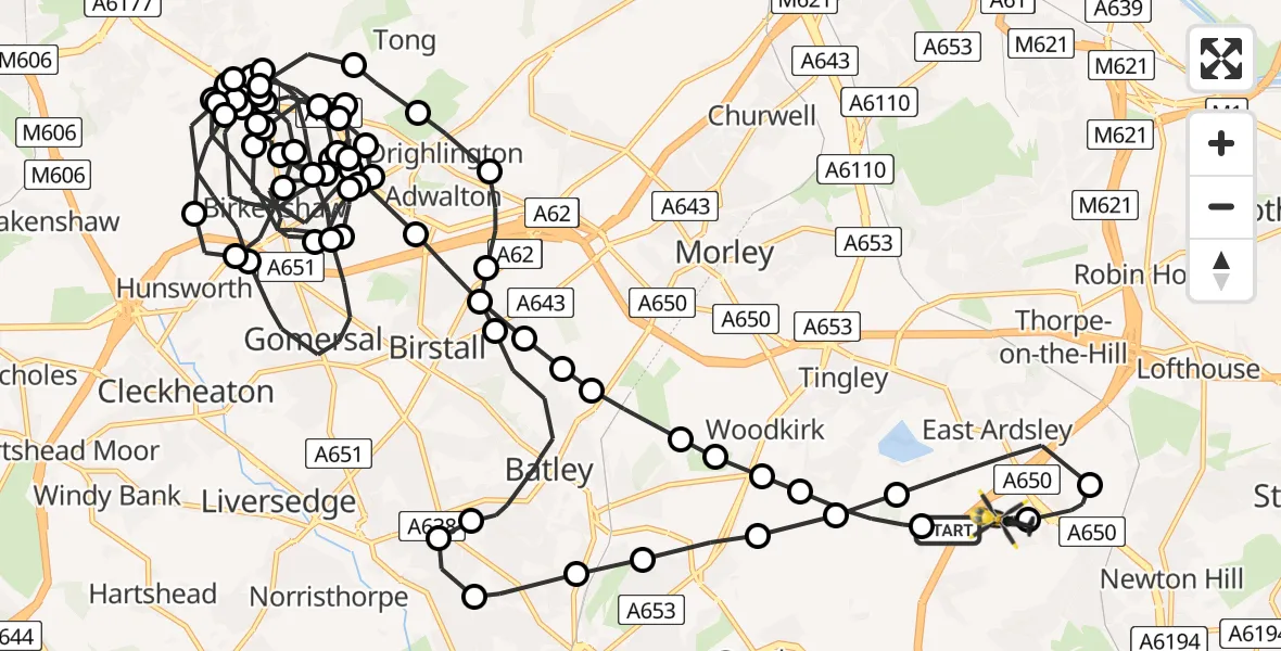 Flight path map showing Police Helicopter route from East Ardsley to Wrenthorpe